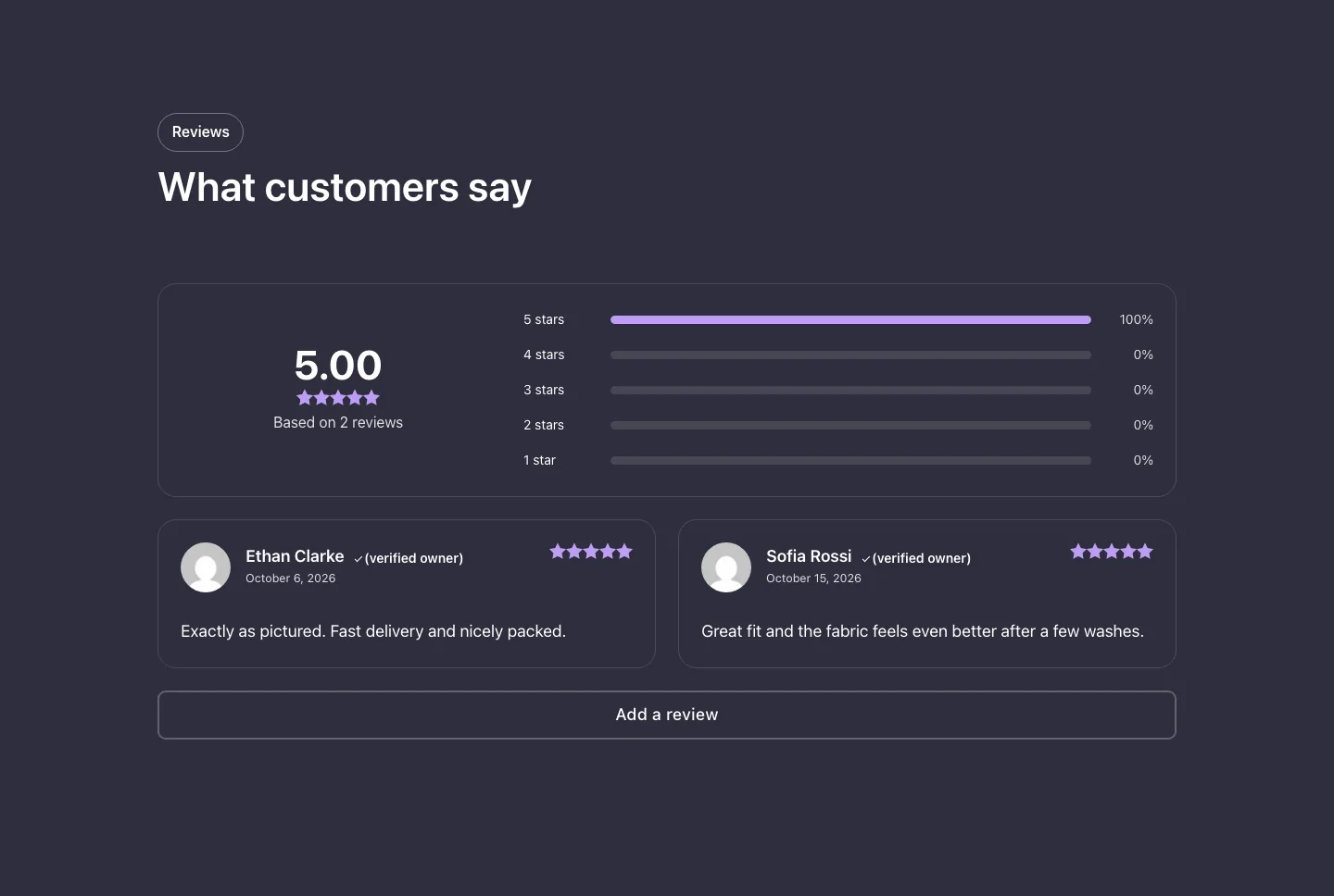Woo · Product reviews, with the site in dark mode