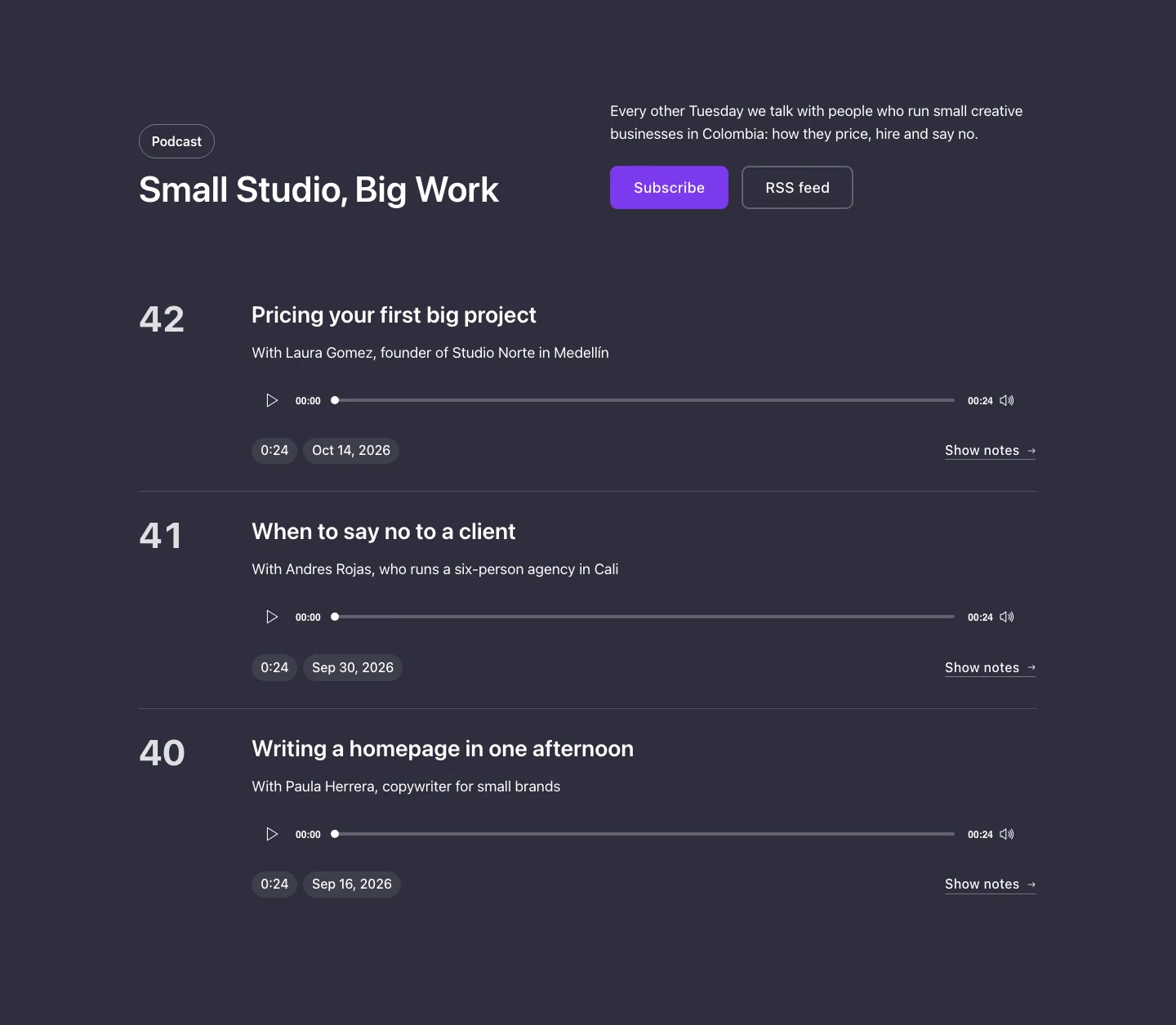 Blog · Podcast episodes, with the site in dark mode