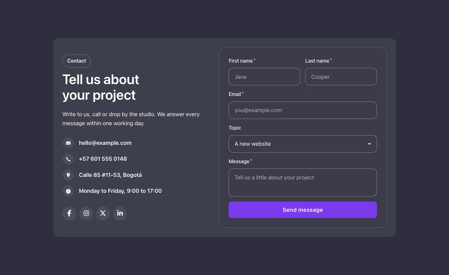 Contact · Split form, with the site in dark mode