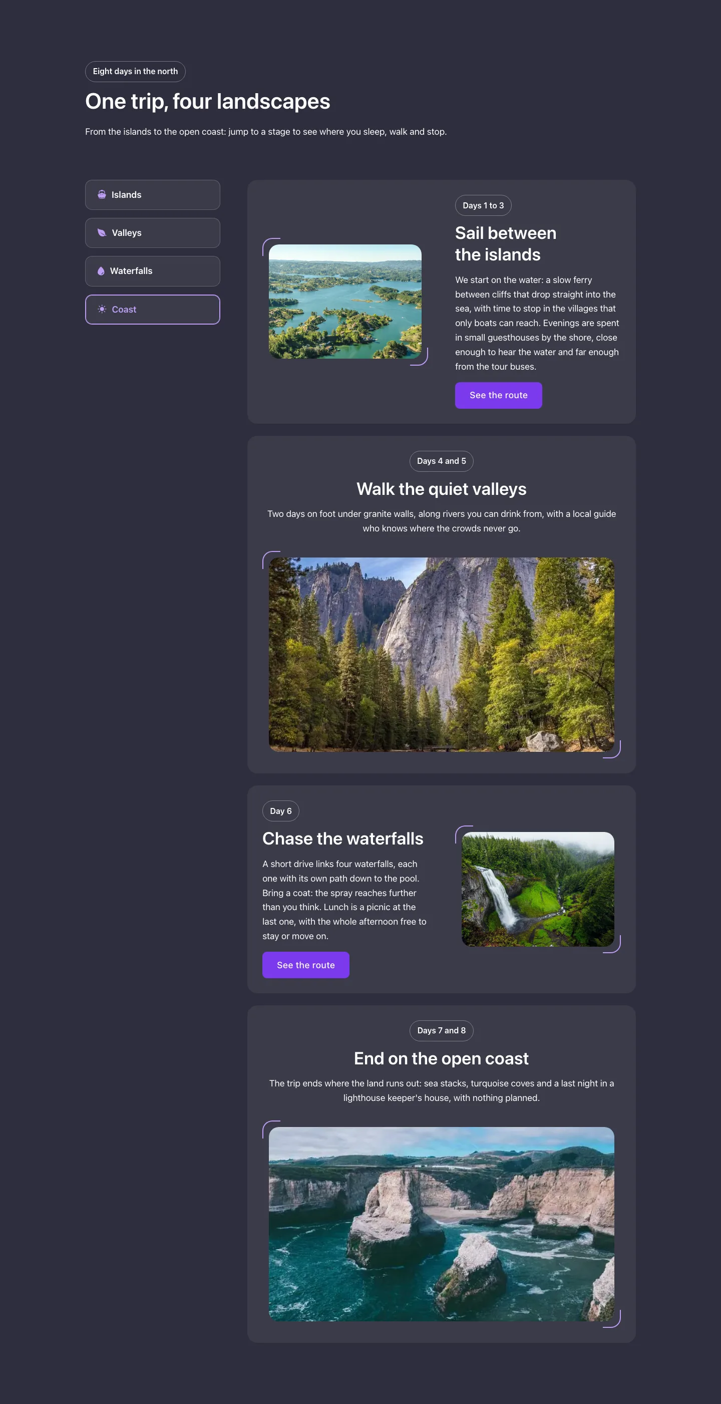 Elements · Section menu (side), with the site in dark mode