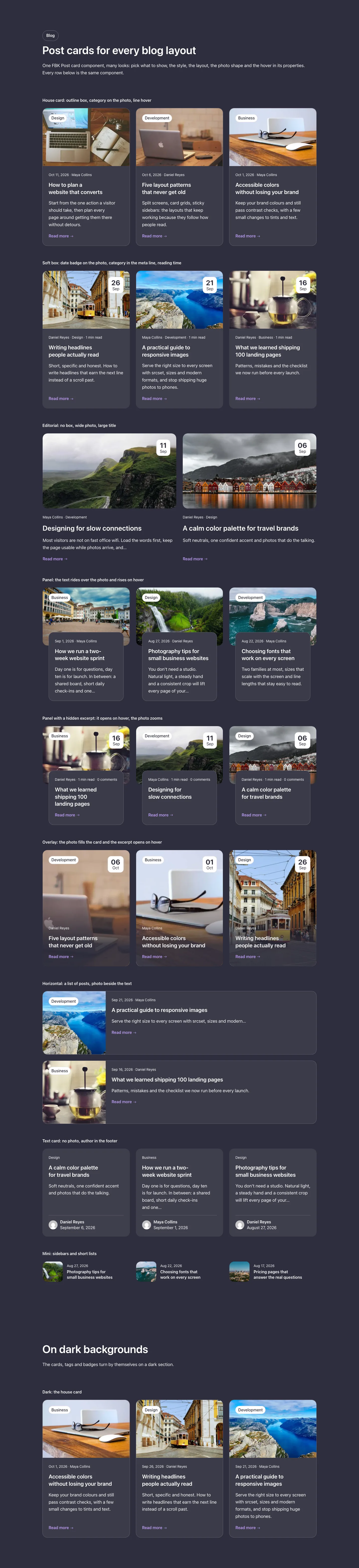 Blog · Post cards, with the site in dark mode