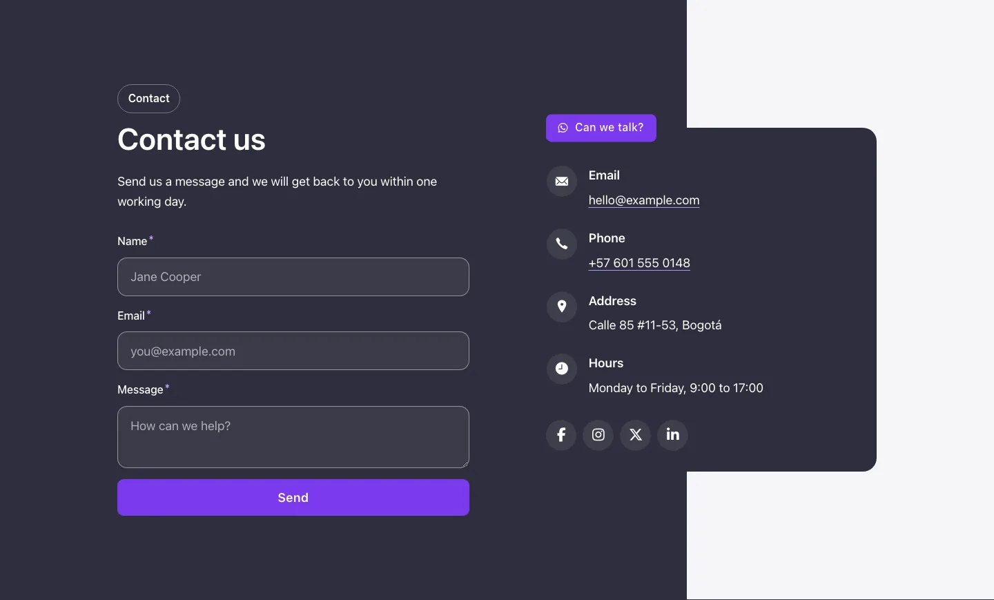 Contact · Card, with the site in dark mode
