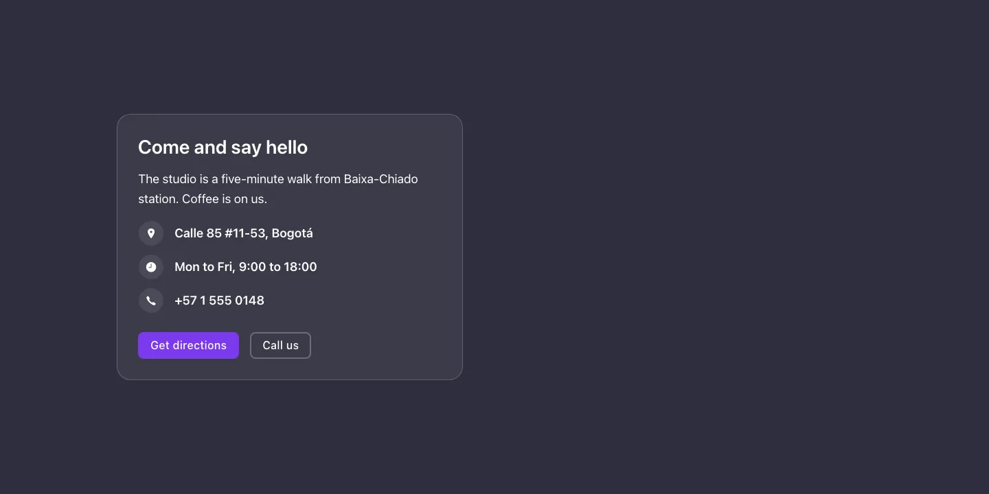 Contact · Map, with the site in dark mode