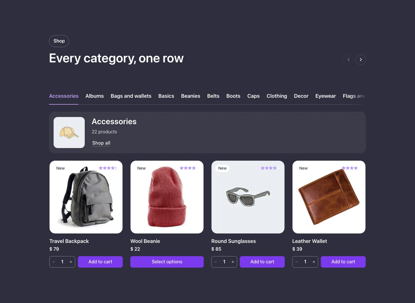 Woo · Products by category, scrolling tabs, with the site in dark mode