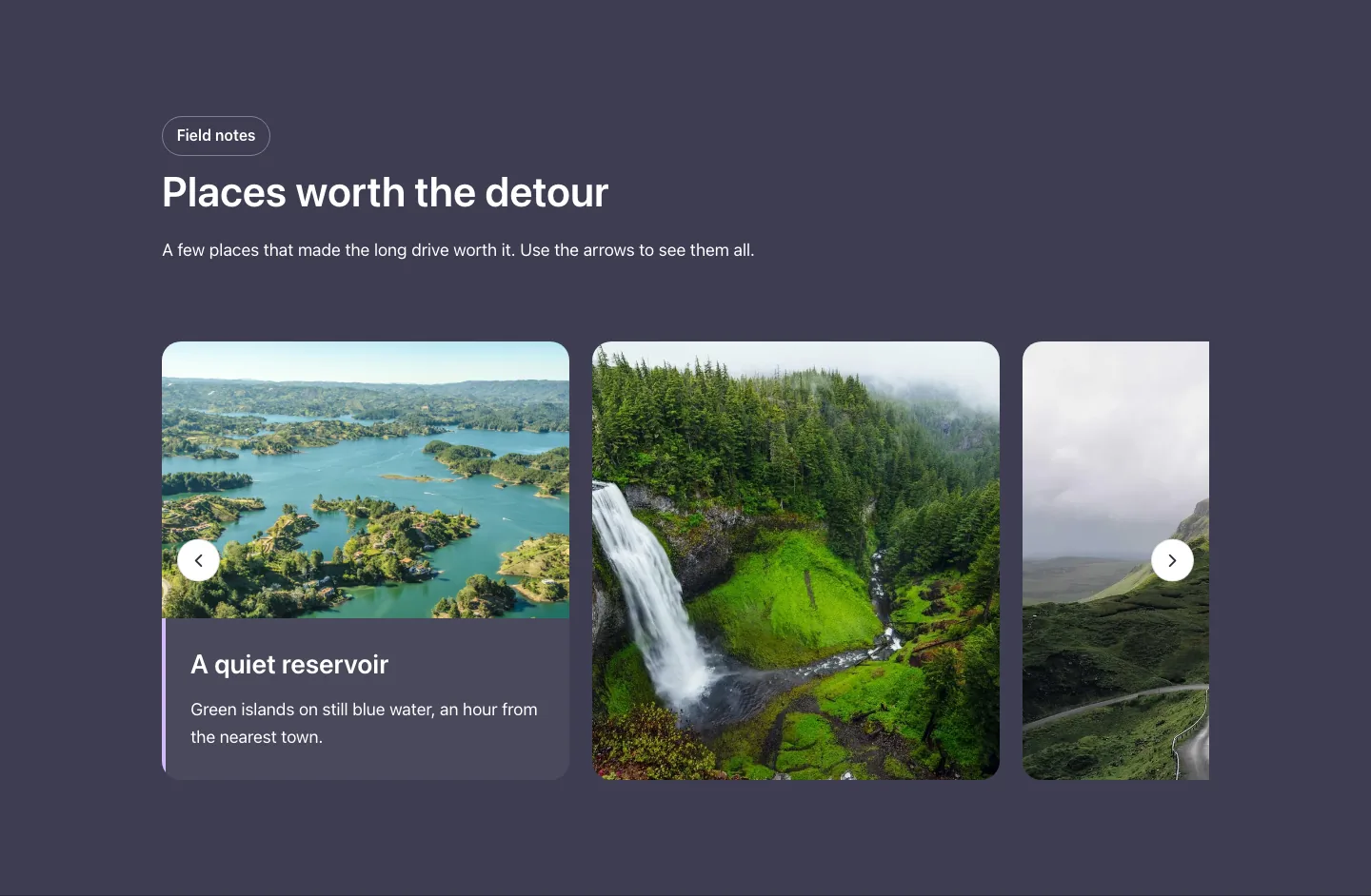 Elements · Caption carousel, with the site in dark mode