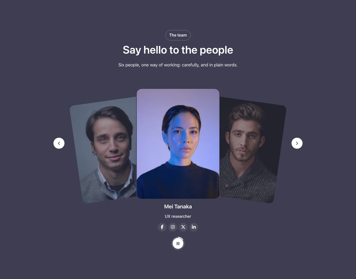 Team · Fan slider, with the site in dark mode