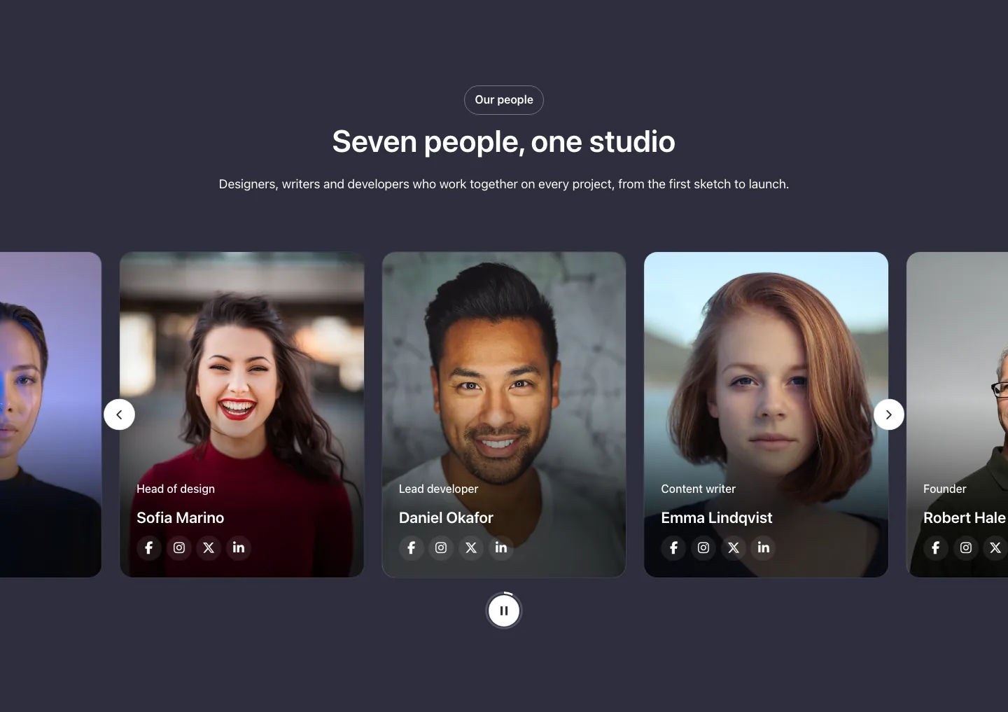 Team · Carousel, with the site in dark mode