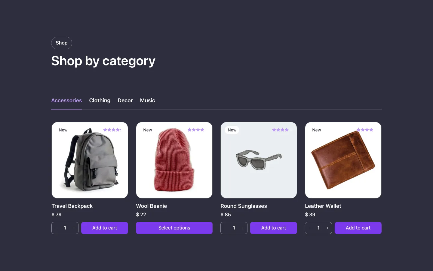 Woo · Products by category, with the site in dark mode