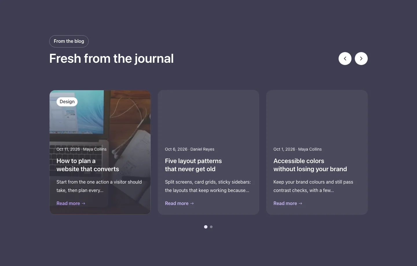 Blog · Post carousel, with the site in dark mode