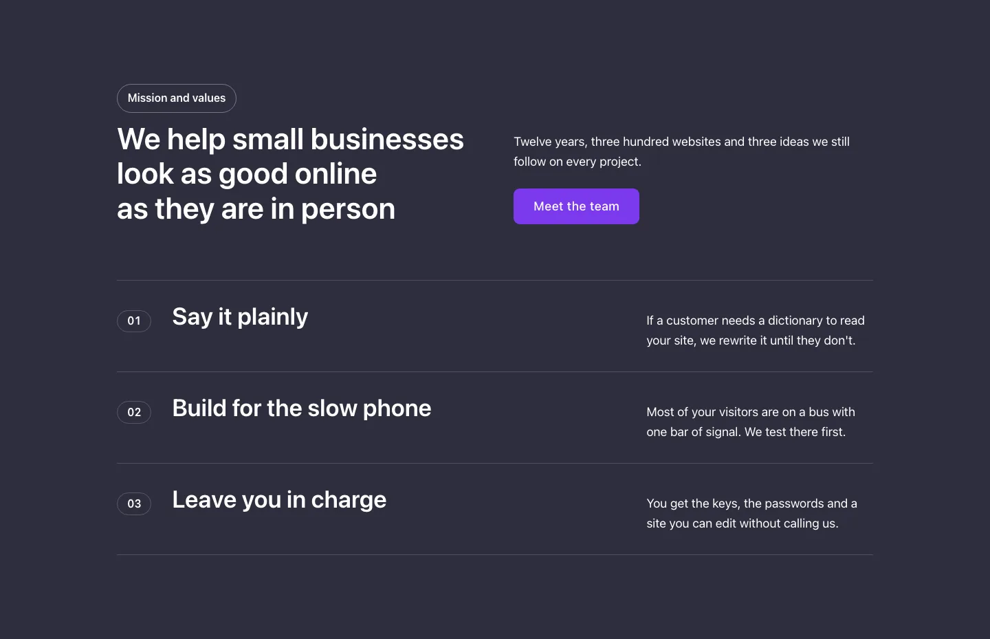 Text · Mission and values, with the site in dark mode