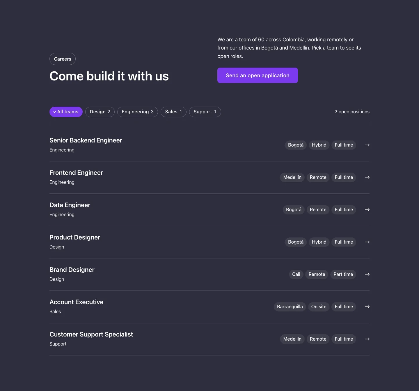 Team · Careers, with the site in dark mode