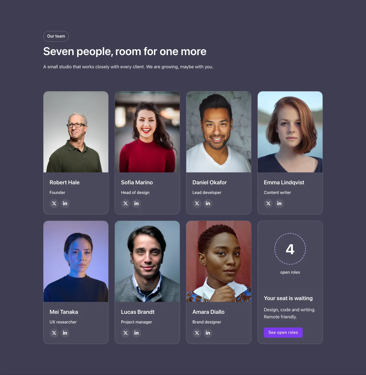 Team · Join us, with the site in dark mode