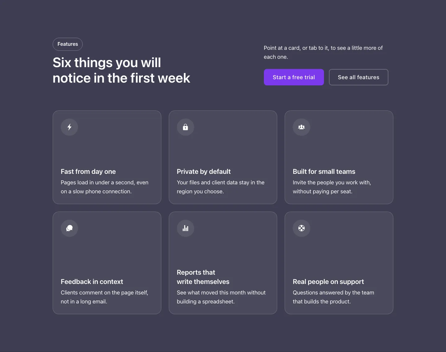 Features · Reveal grid, with the site in dark mode