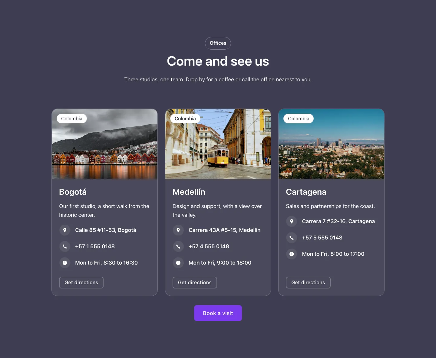 Contact · Offices, with the site in dark mode