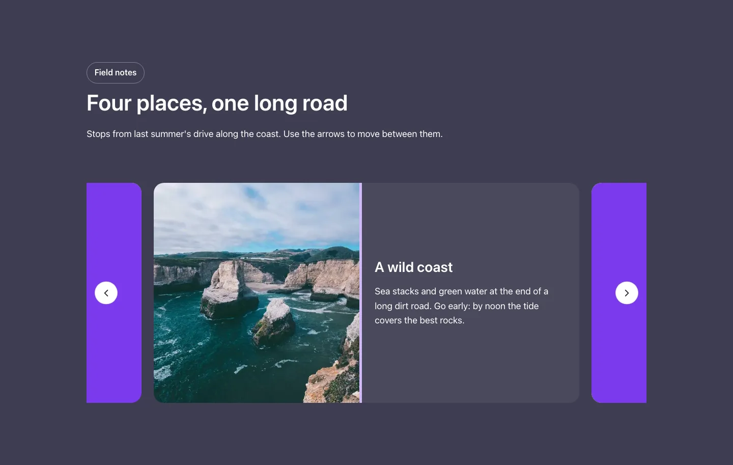 Elements · Split carousel, with the site in dark mode