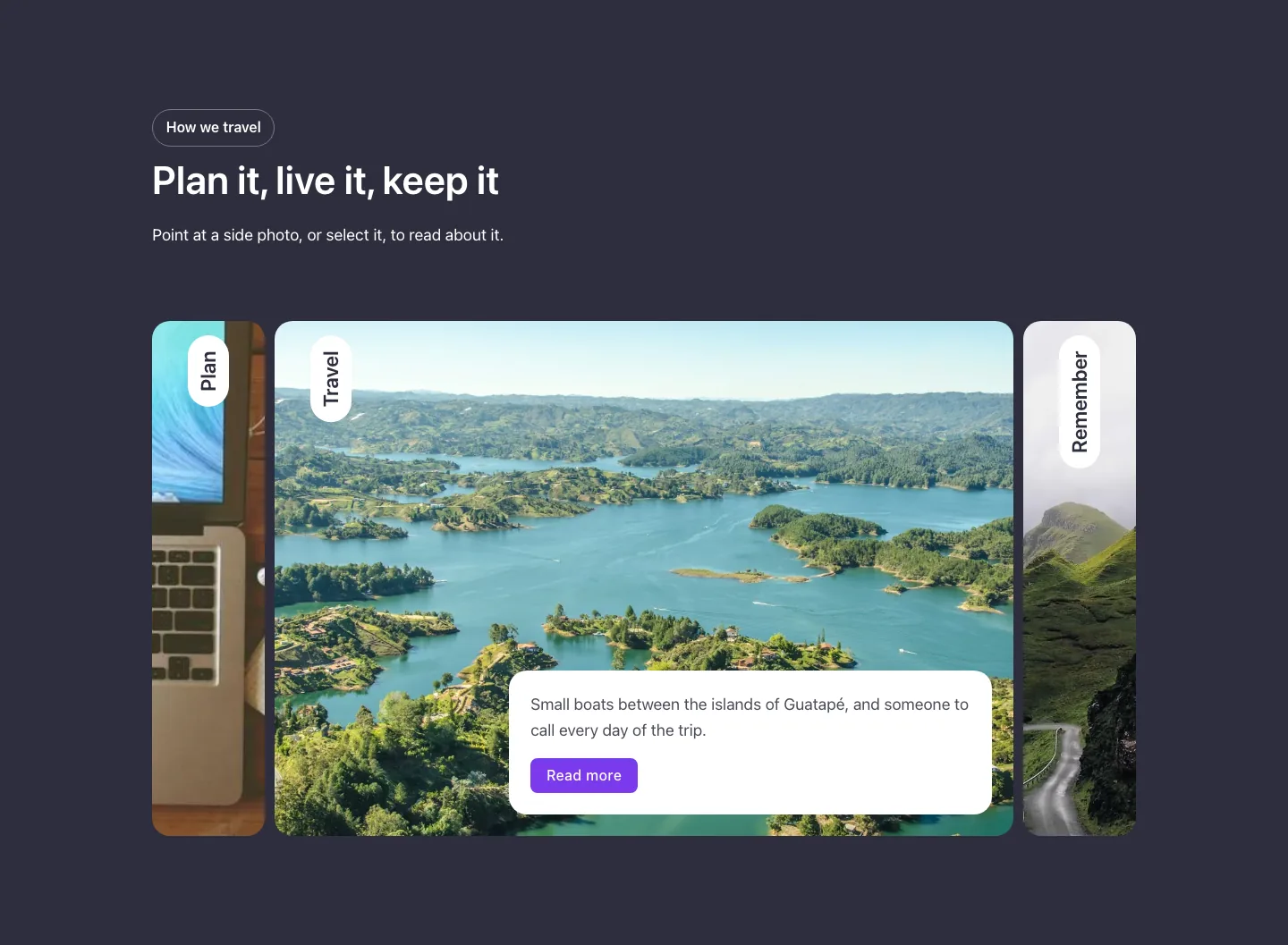 Elements · Horizontal accordion, centered, with the site in dark mode