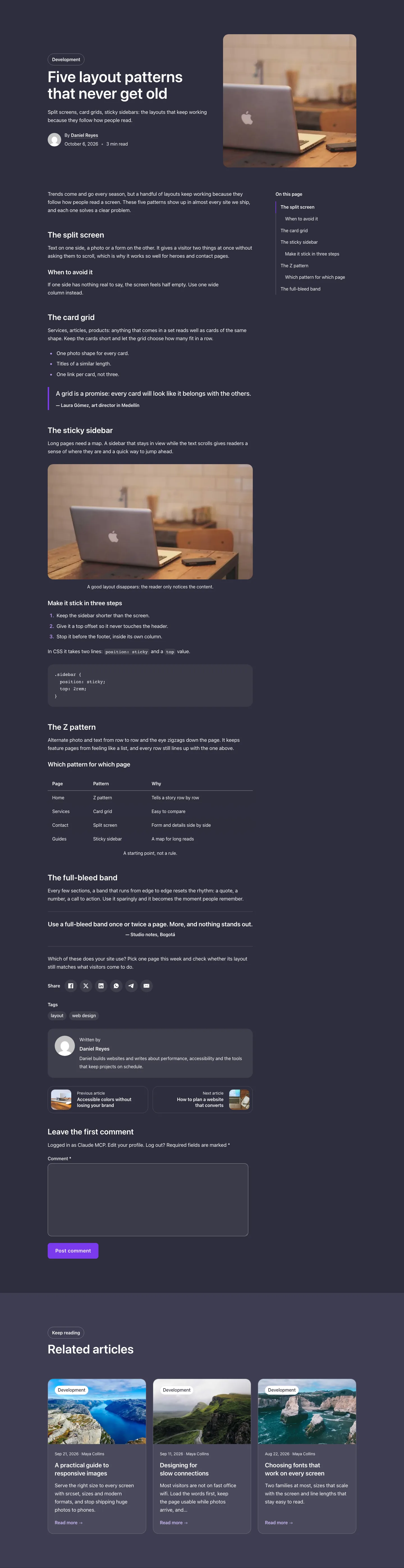 Blog · Single post with split header, with the site in dark mode