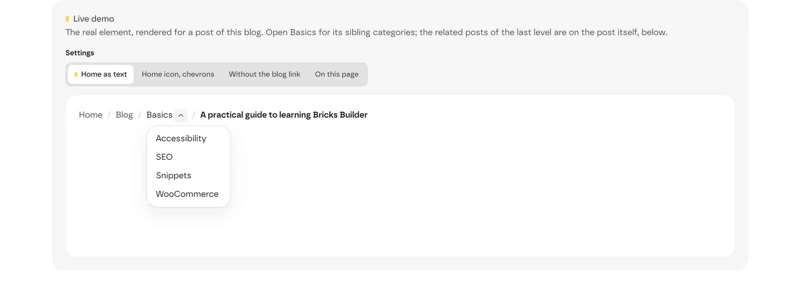 A breadcrumb Home / Blog / Basics with the Basics dropdown open, listing its sibling categories