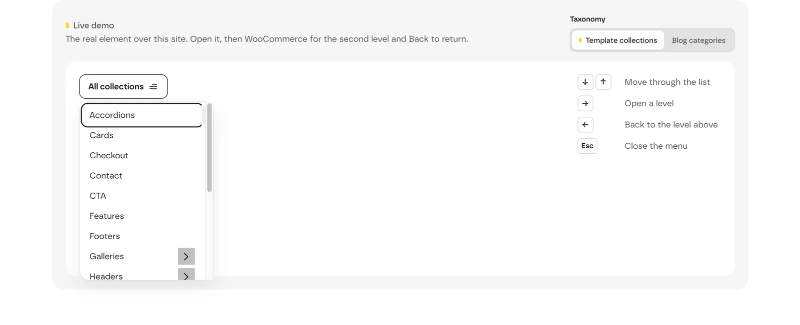 The All collections button open, listing template categories, with arrows on the ones that have subcategories