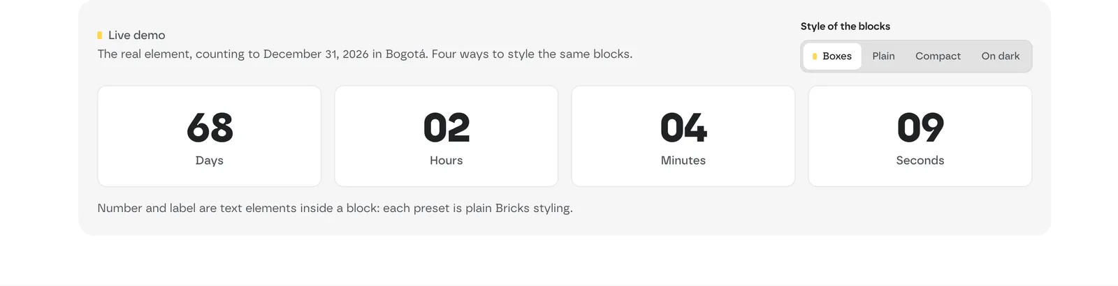 Four boxes showing days, hours, minutes and seconds left