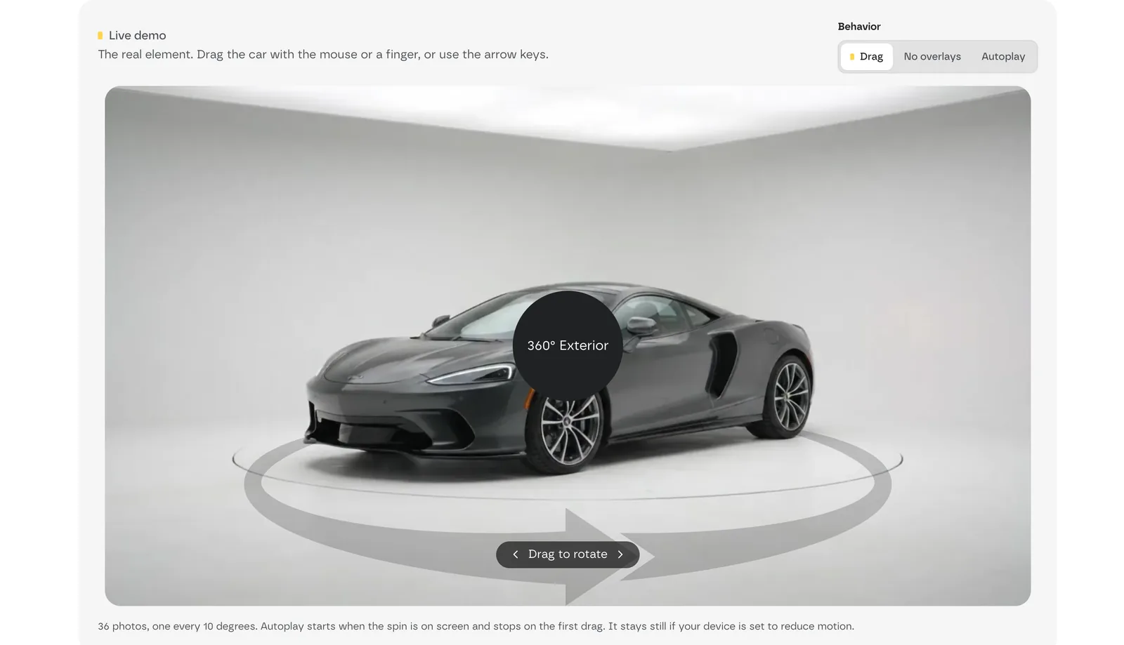 A car on a white stage with the «360° Exterior» badge and the «Drag to rotate» hint