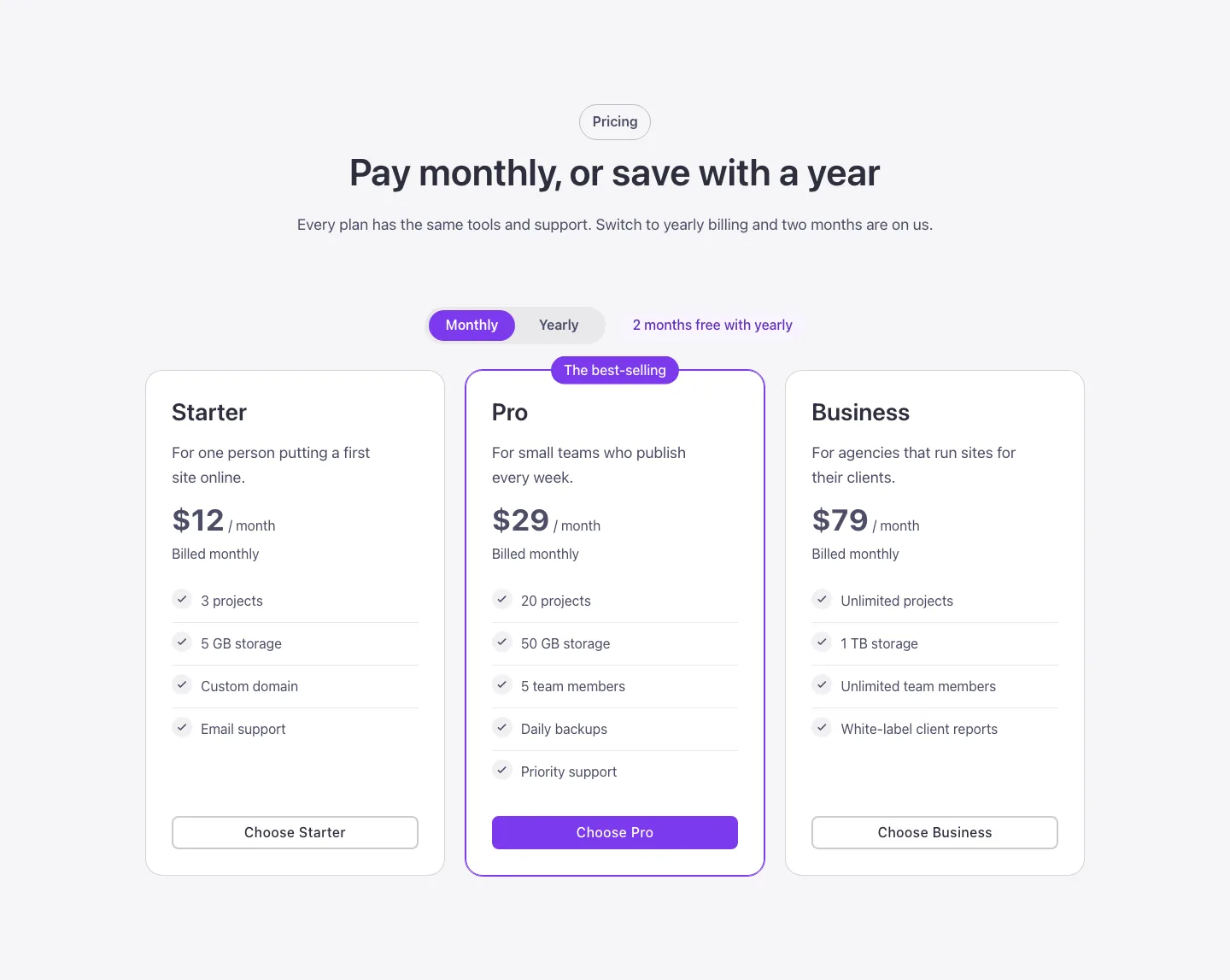 Pricing · Monthly or yearly, desktop at 1440px wide