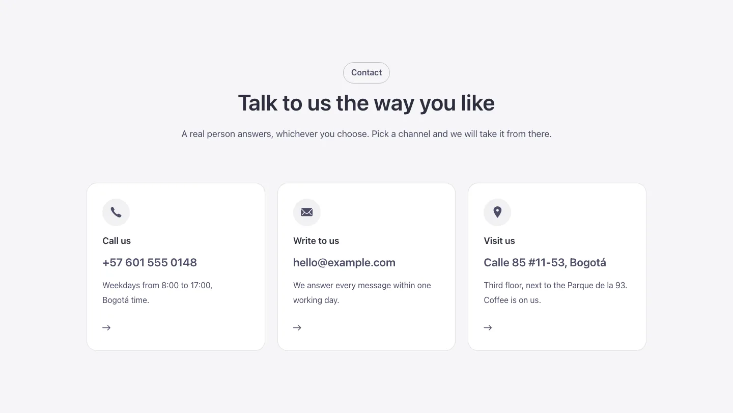 Contact · Channel cards, desktop at 1440px wide