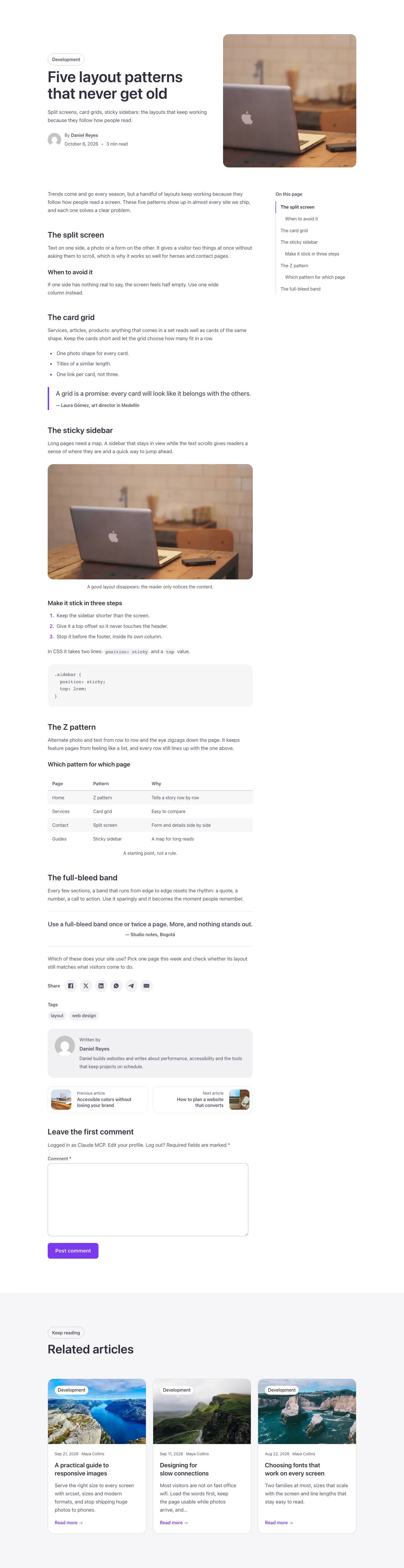 Blog · Single post with split header, desktop at 1440px wide