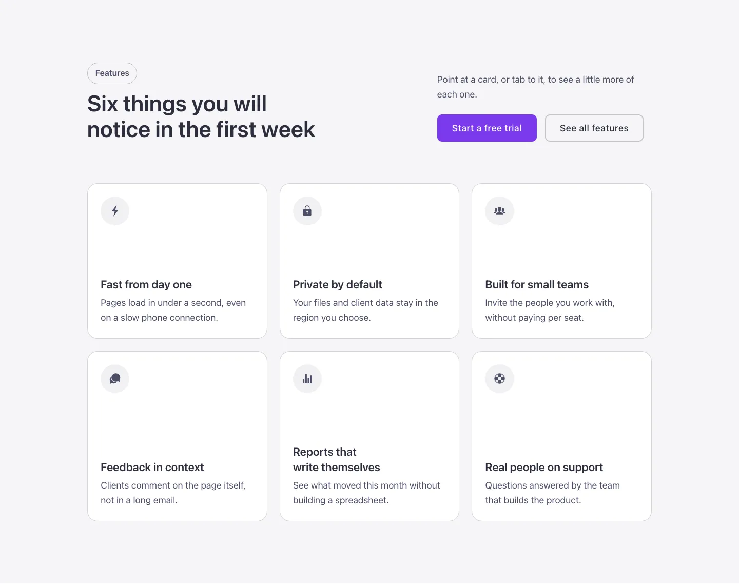 Features · Reveal grid, desktop at 1440px wide