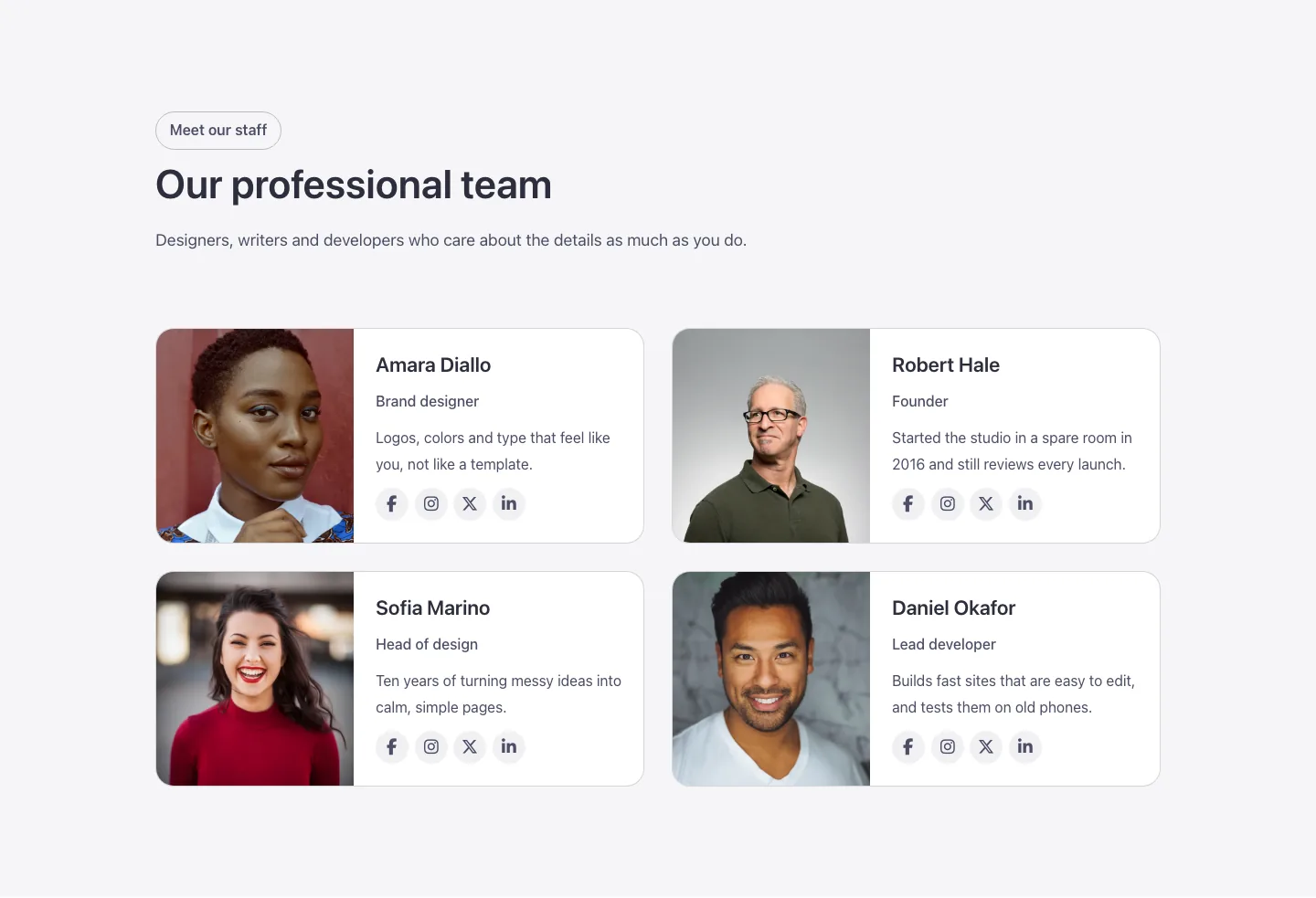 Team · Horizontal cards, desktop at 1440px wide
