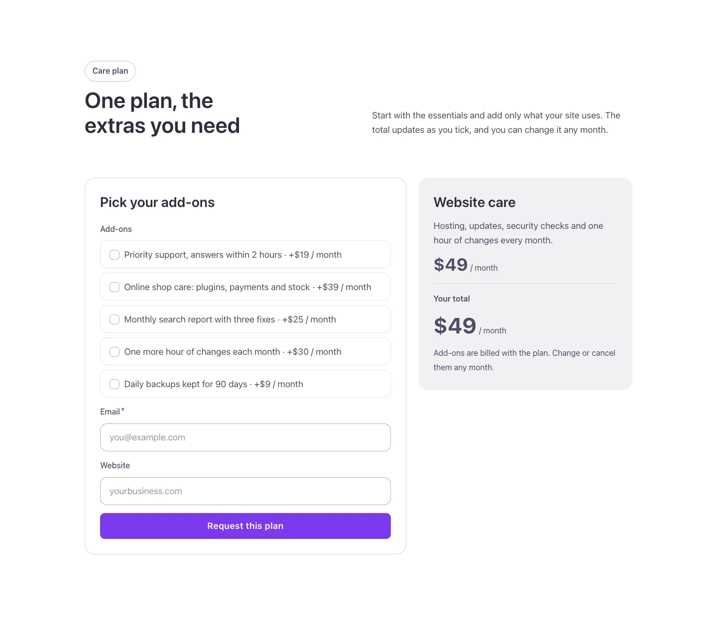 Pricing · Plan and add-ons, desktop at 1440px wide