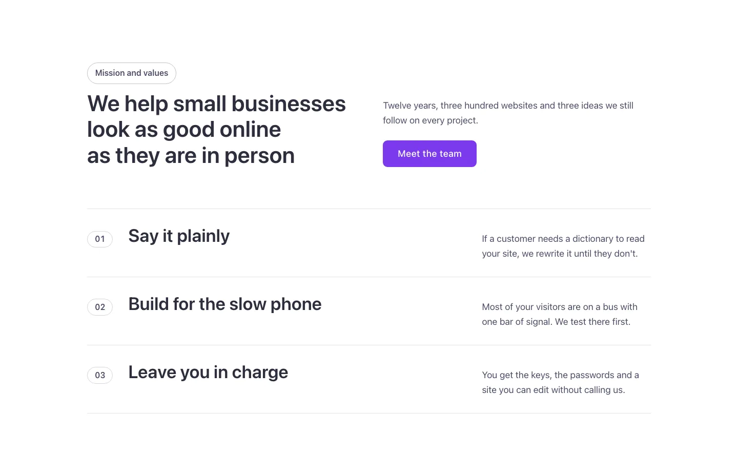Text · Mission and values, desktop at 1440px wide