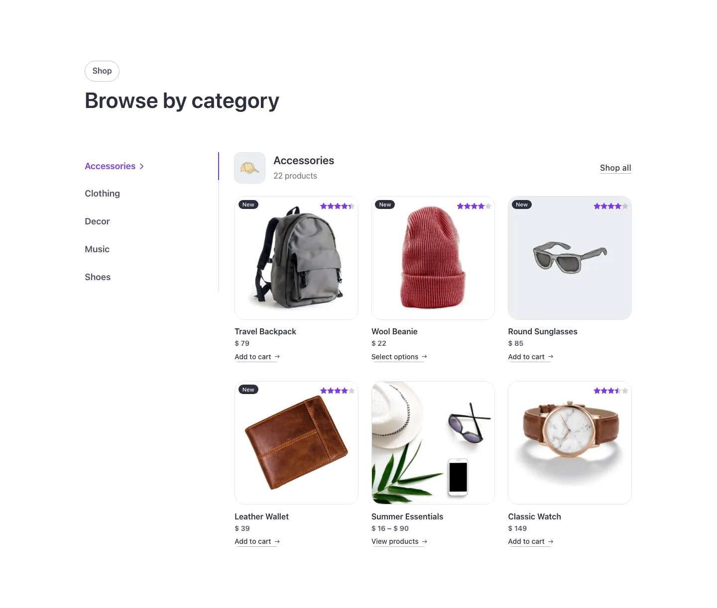 Woo · Products by category, side tabs, desktop at 1440px wide