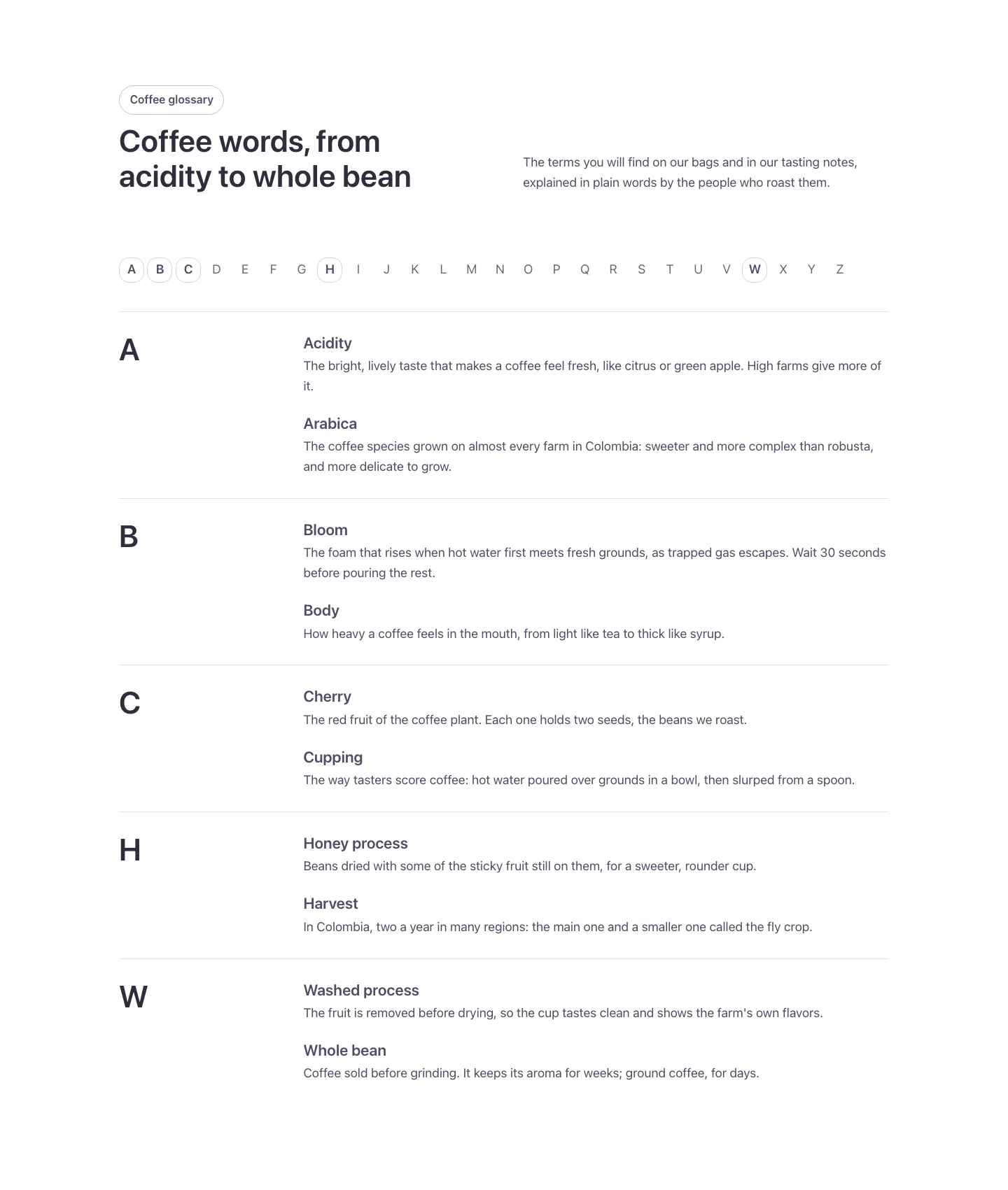 Text-media · Glossary A–Z, desktop at 1440px wide