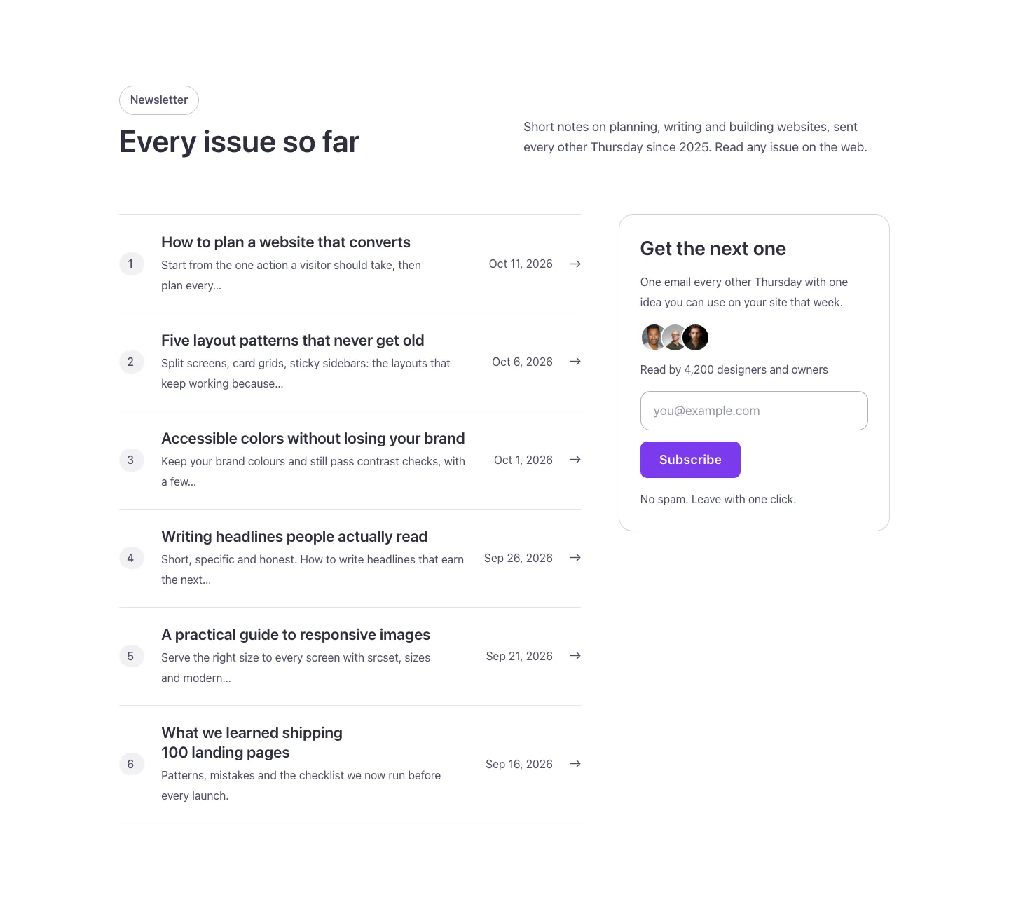 Blog · Newsletter archive, desktop at 1440px wide