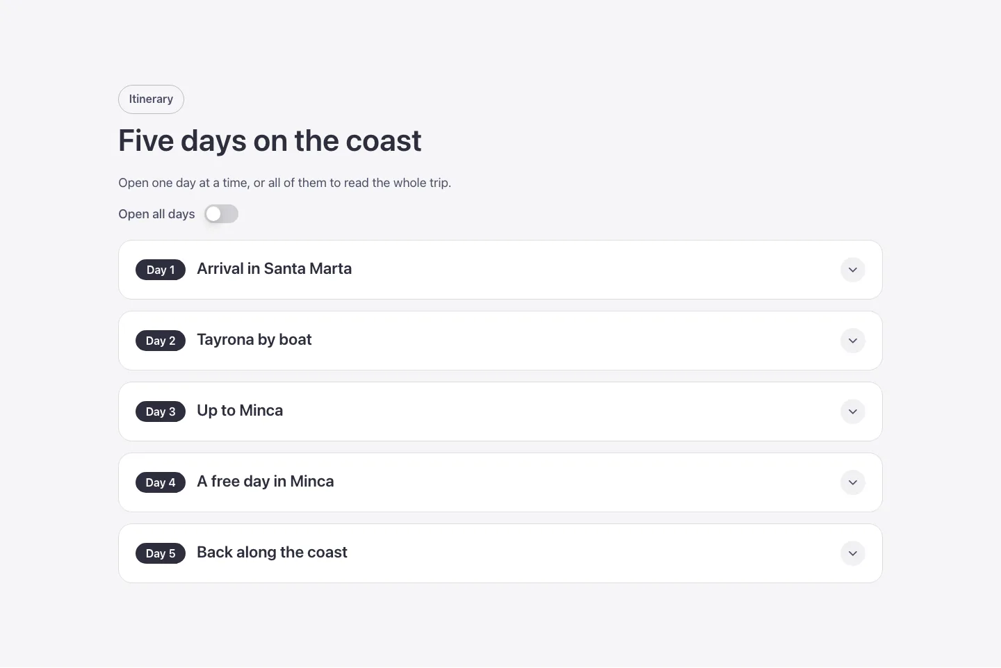 Elements · Itinerary accordion, desktop at 1440px wide