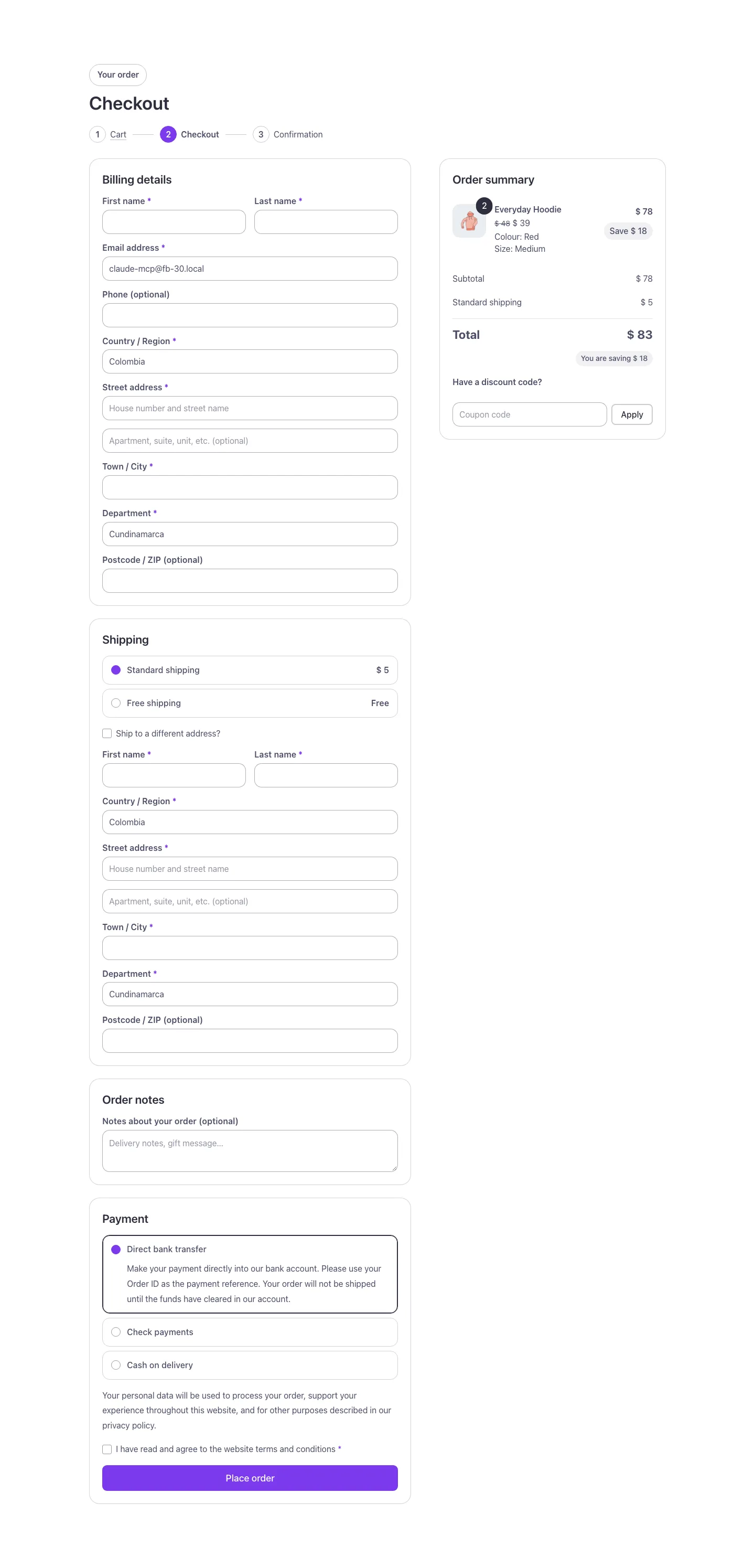 Woo · Checkout in steps, desktop at 1440px wide