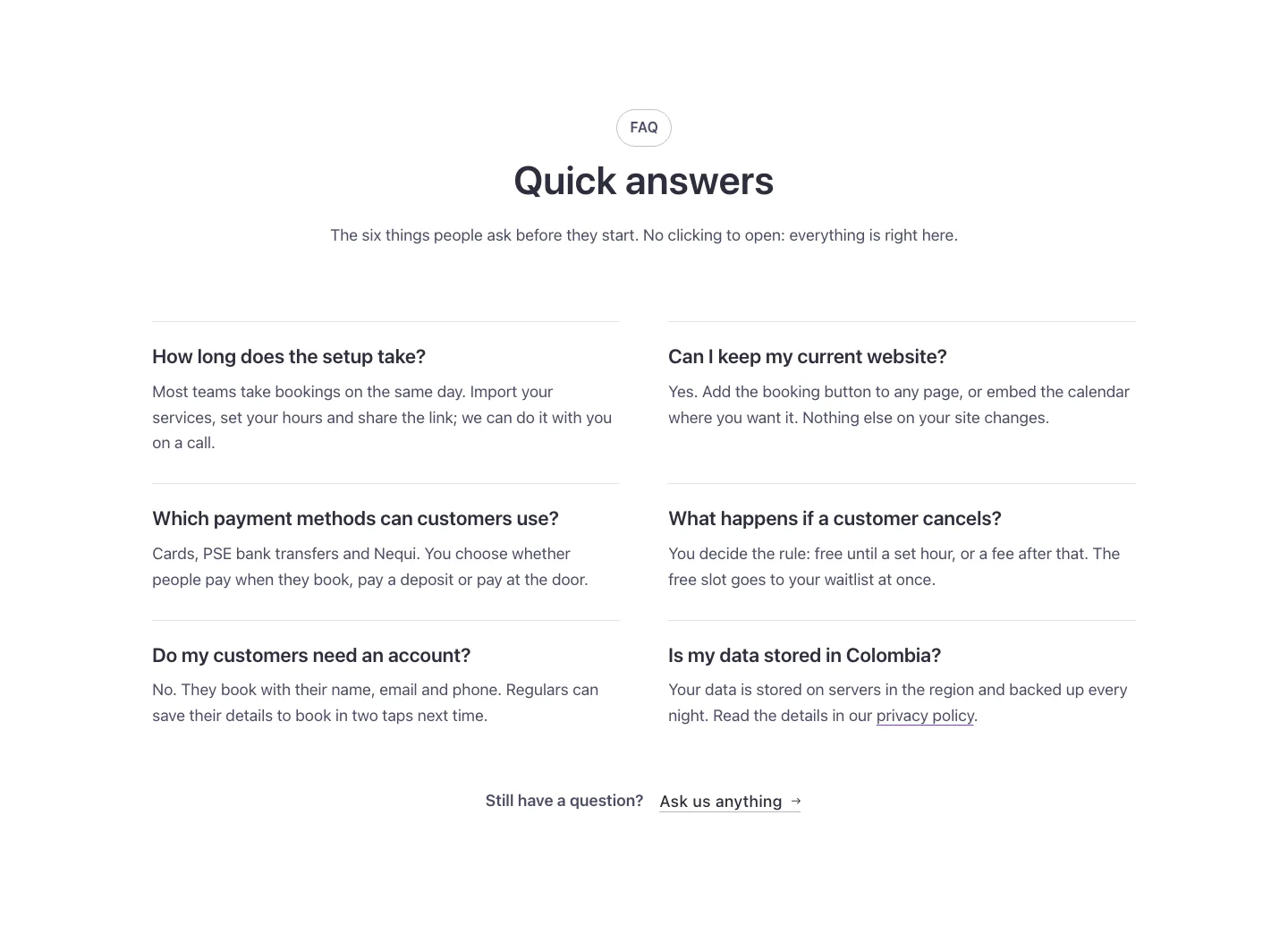 FAQ · Answers in view, desktop at 1440px wide