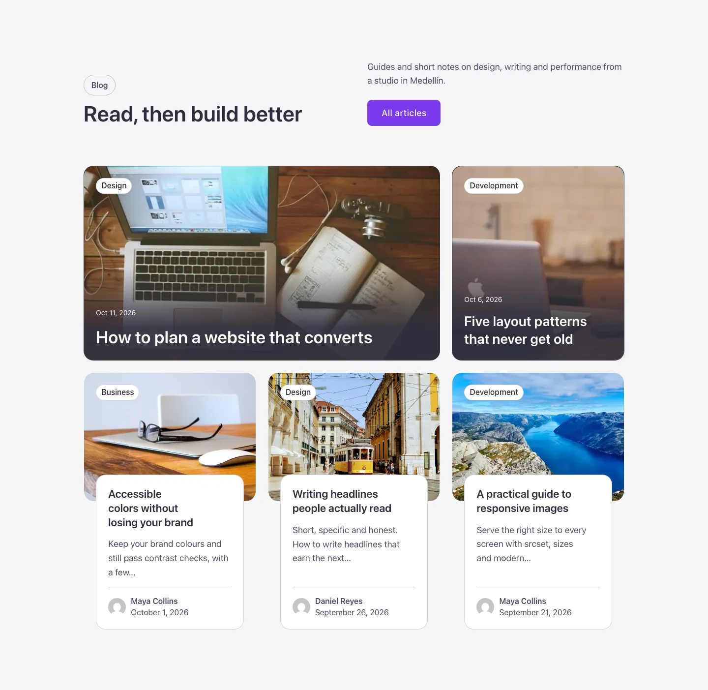 Blog · Bento row, desktop at 1440px wide