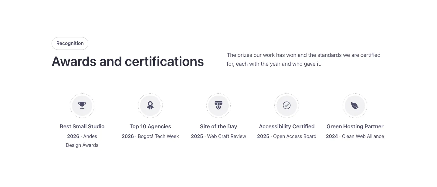 Logos · Awards and badges, desktop at 1440px wide