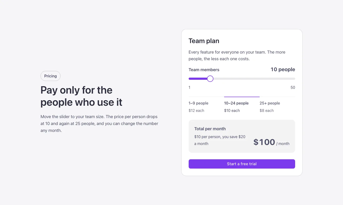 Pricing · Team calculator, desktop at 1440px wide