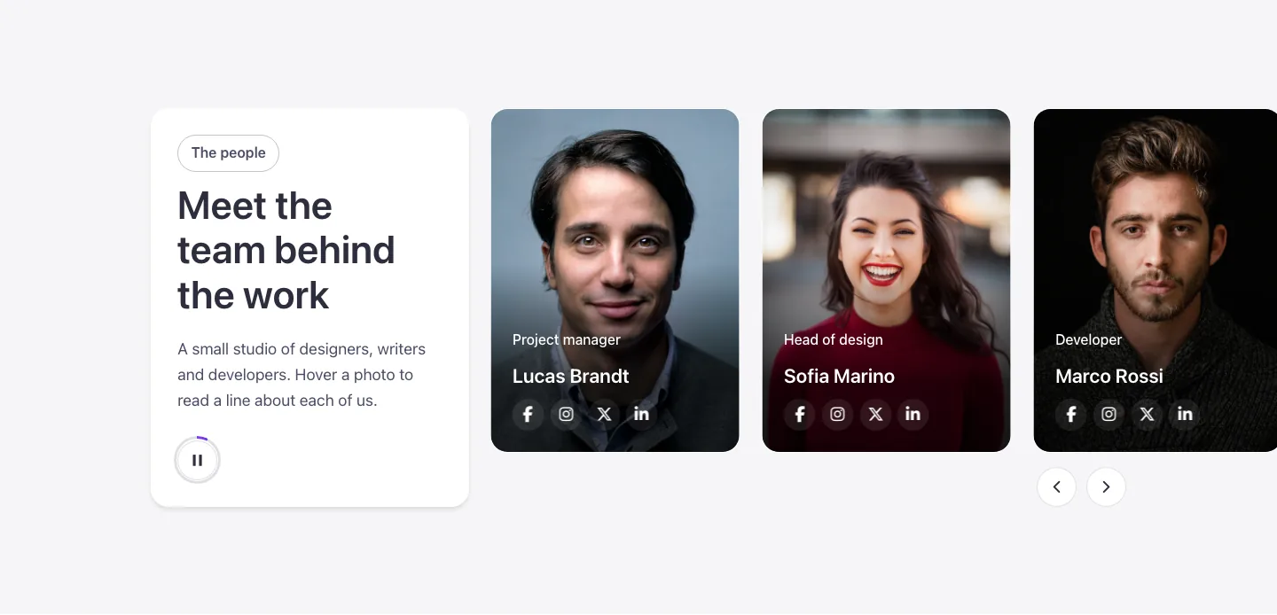 Team · Carousel with panel, desktop at 1440px wide