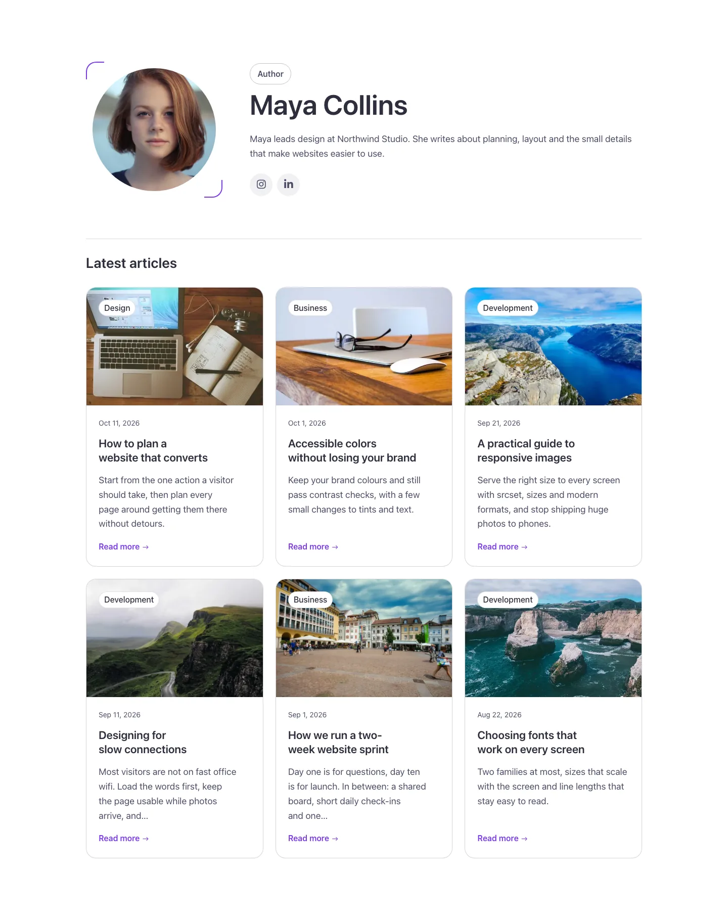 Blog · Author page, desktop at 1440px wide