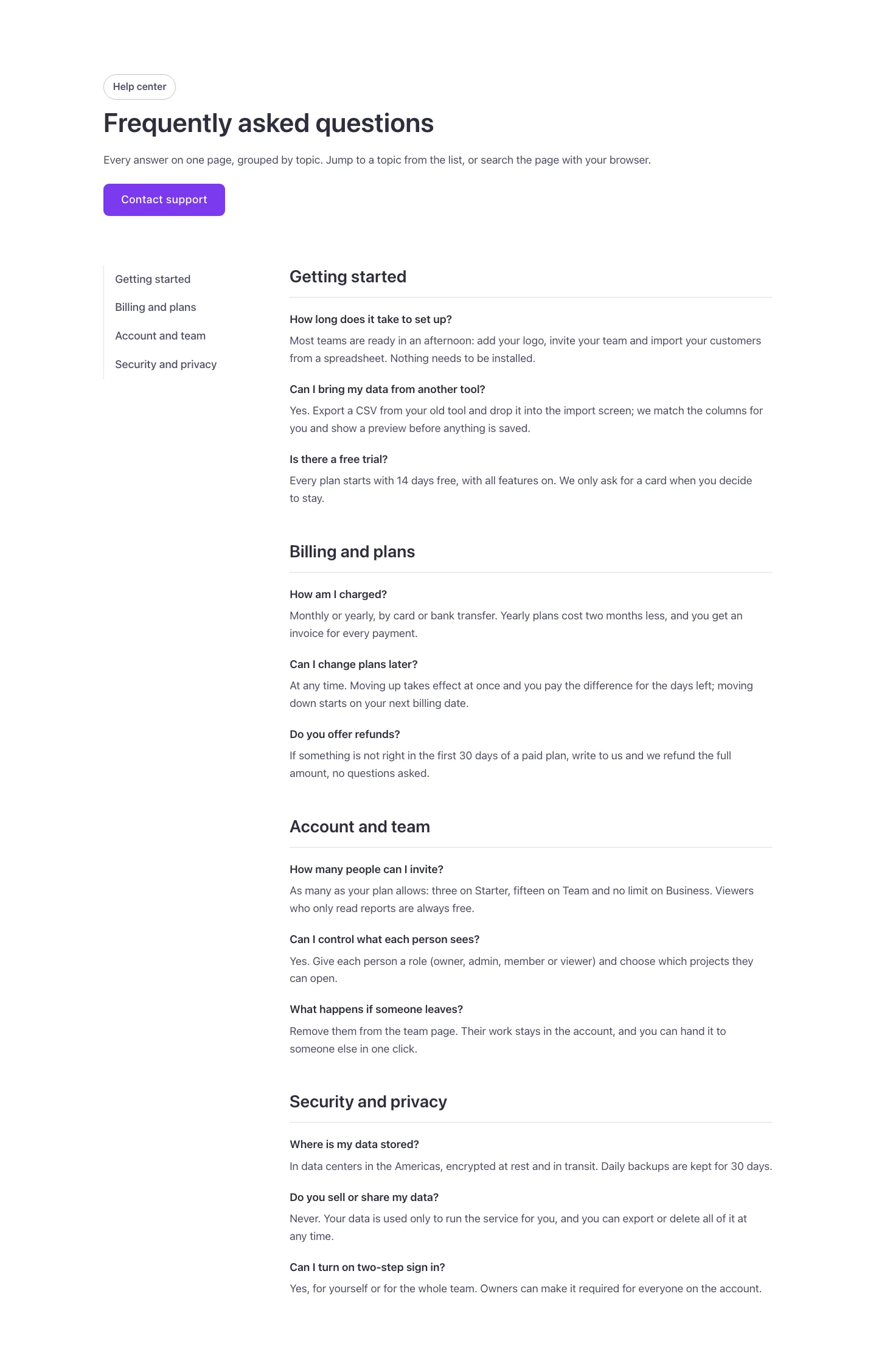 FAQ · Long with index, desktop at 1440px wide