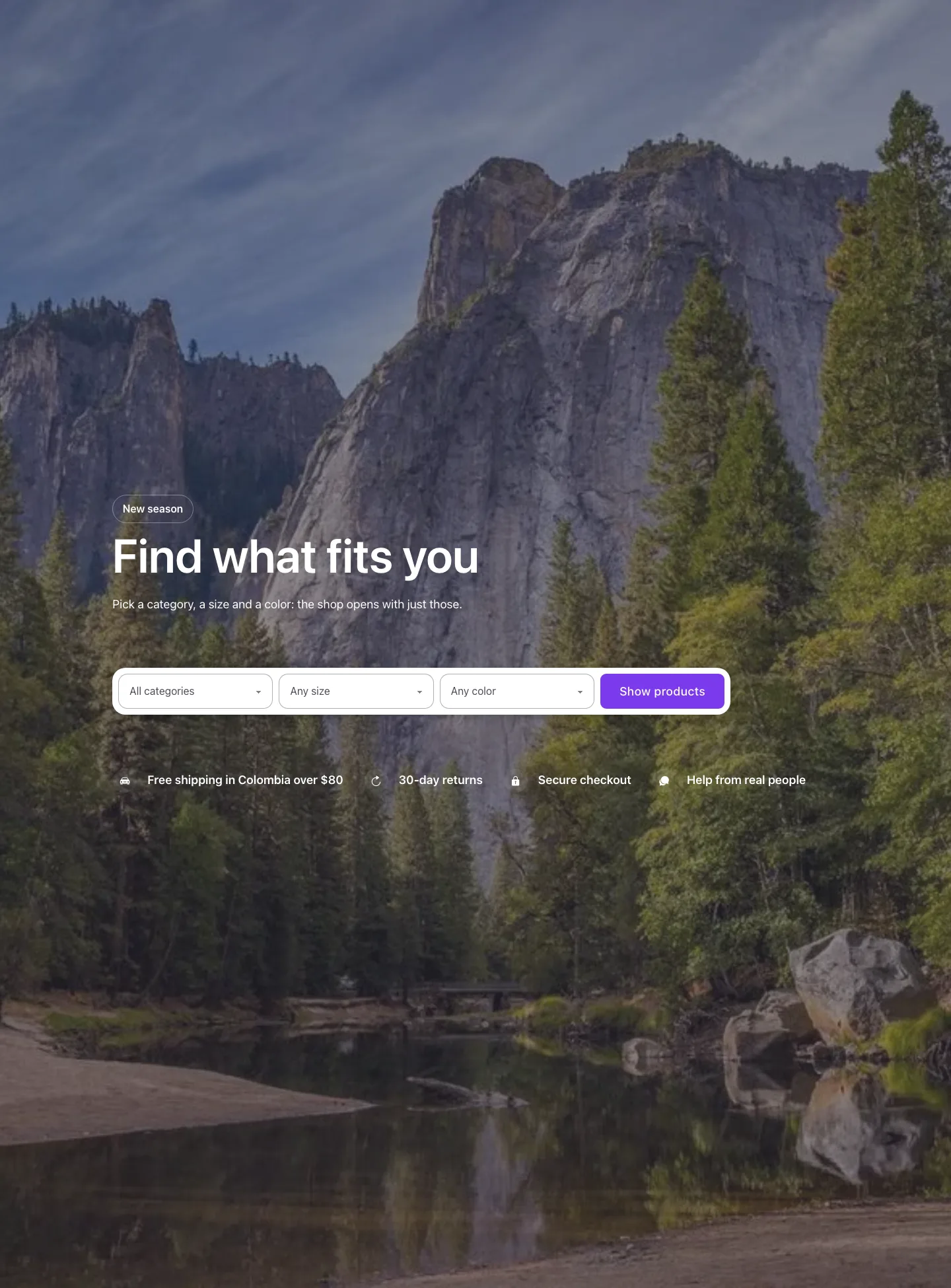 Woo · Hero with shop filters, desktop at 1440px wide