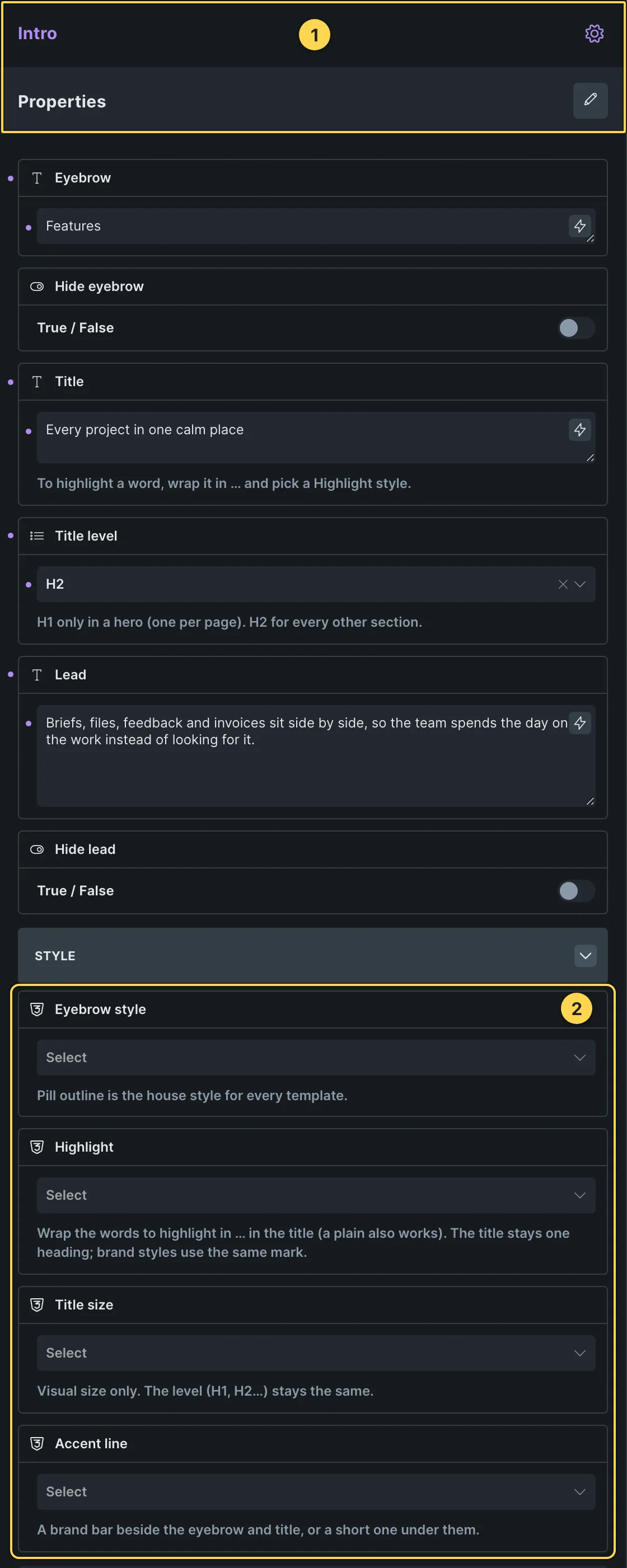 This template's own component, with its Style group open.