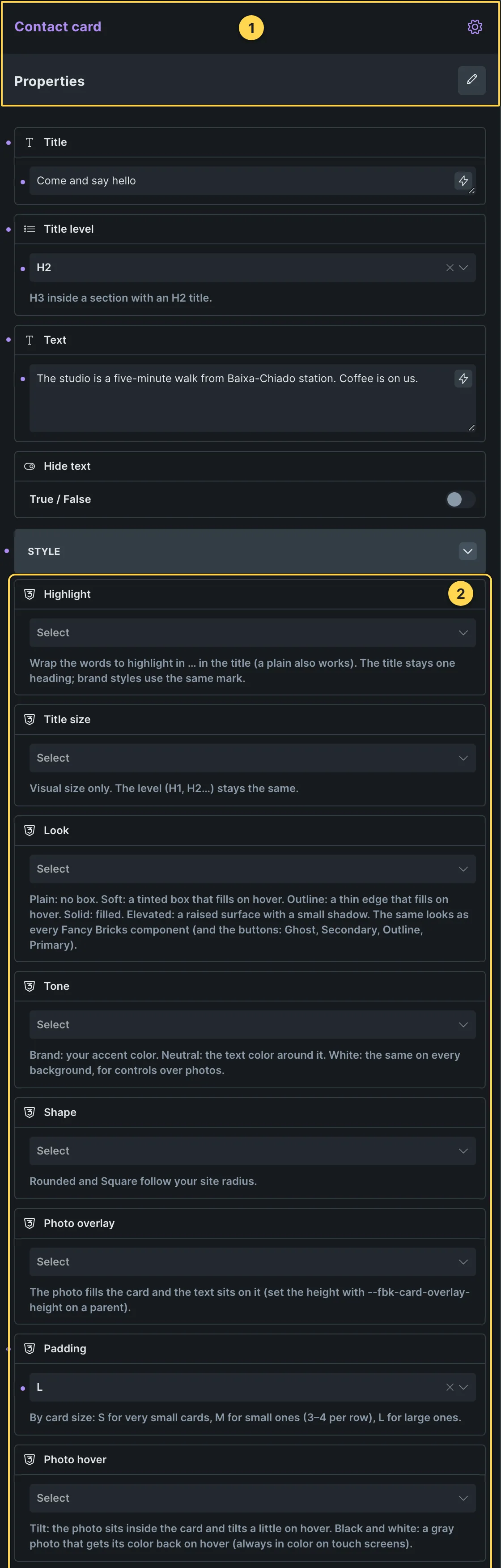 This template's own component, with its Style group open.
