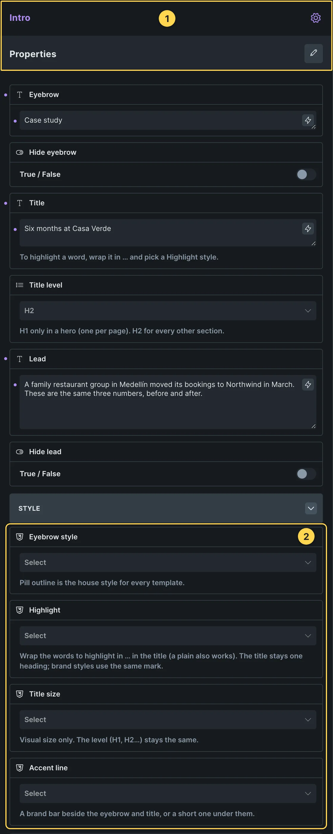 This template's own component, with its Style group open.