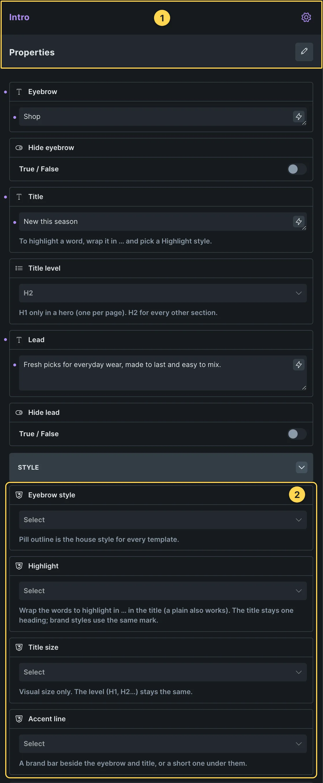This template's own component, with its Style group open.