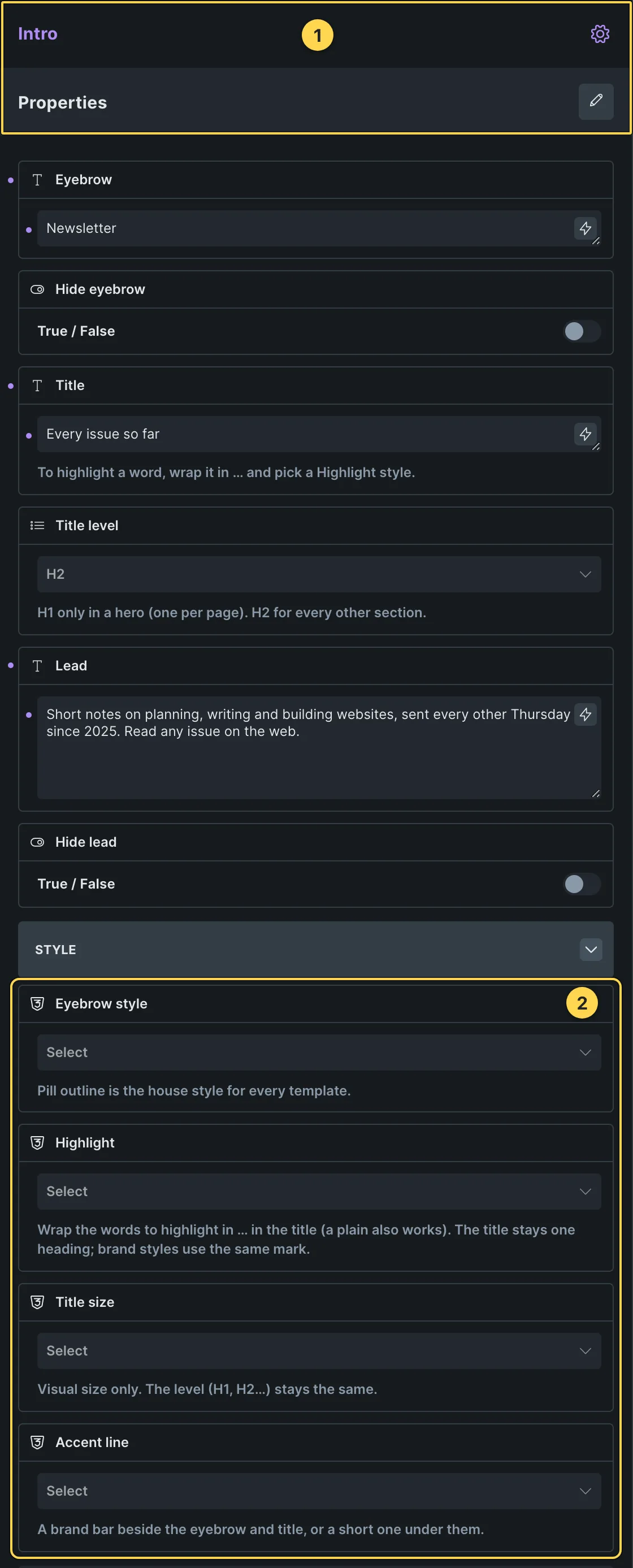 This template's own component, with its Style group open.